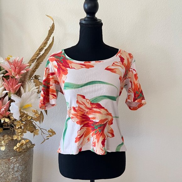 St. John’s Bay Tops - Y2K Vintage St. John’s Bay Orange & White Floral Top 100% Cotton Tailored Waist